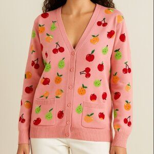Clammy Heart Fruit Print Knit Cardigan Pink XL